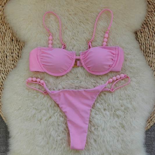 2025 Sexy Pink Bikini Set with Beaded Straps Perfect for Summer Beachwear Pool Parties Special Occasions Stand Out This Summer