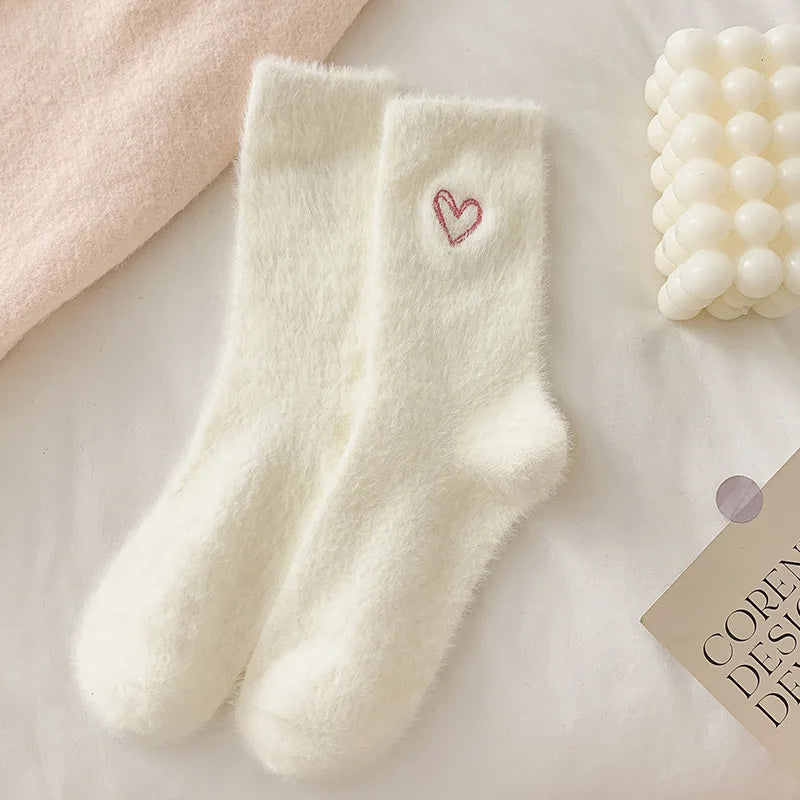 Thickened Middle Tube Socks Mink Fur Pink Embroidered Heart-shaped Women Autumn Winter Warm Sleep Home Solid Color Plush Sock