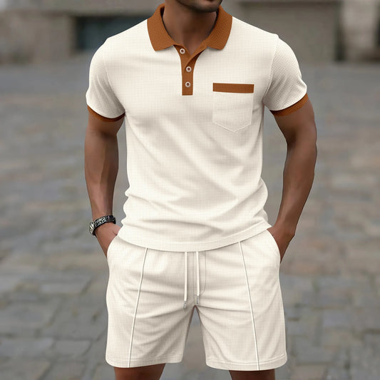 2025 summer new men waffle pocket color matching POLO shirt short sleeve shirt T-shirt shorts two sets