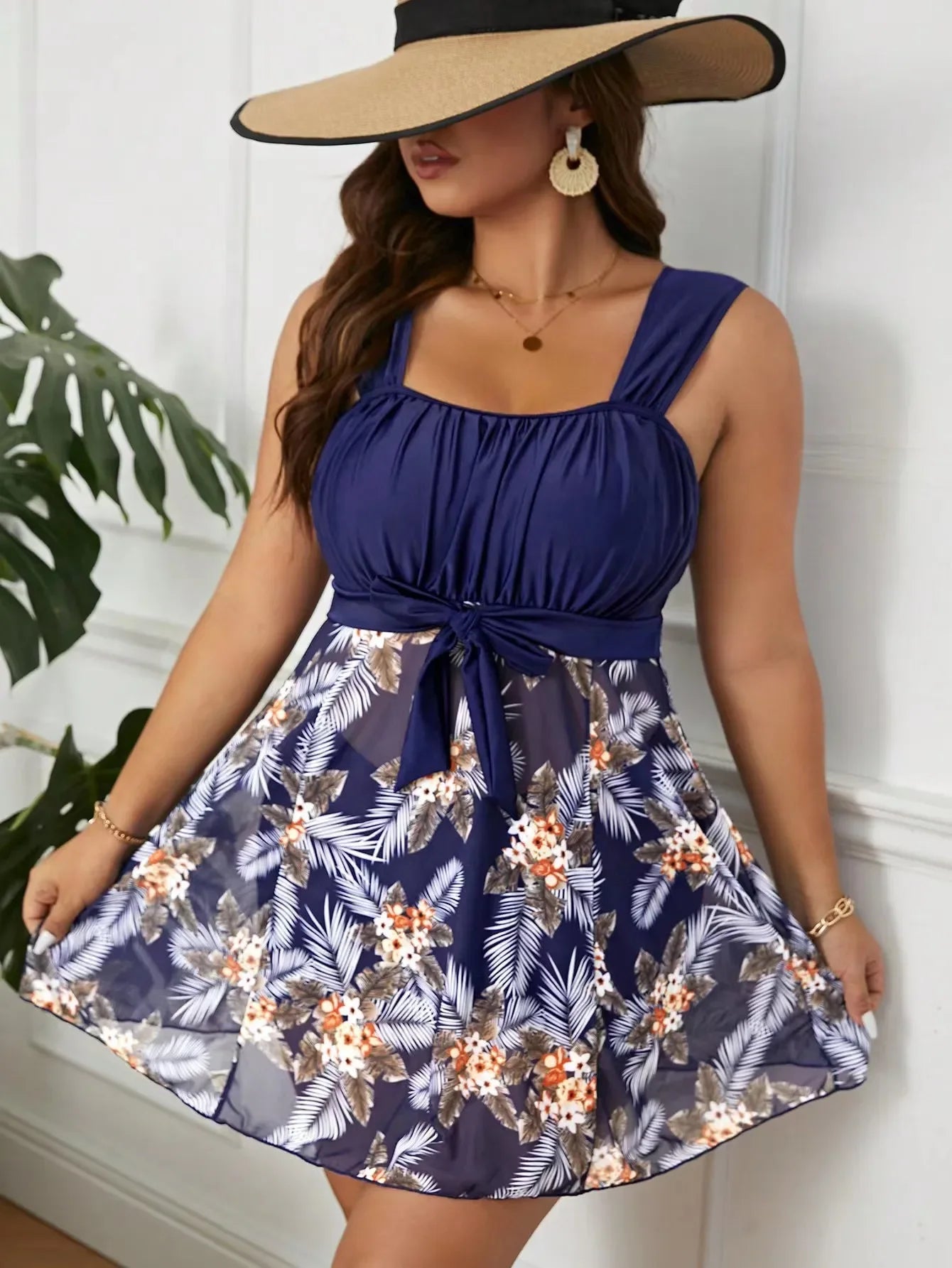 5XL Plus Size Swimdress High Waist Women Swimwear Push Up Bikini Flower Printed Beach Swimsuit Bathing Suit Women Chubby Tankini