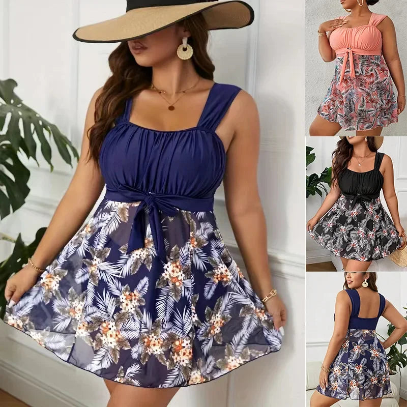 5XL Plus Size Swimdress High Waist Women Swimwear Push Up Bikini Flower Printed Beach Swimsuit Bathing Suit Women Chubby Tankini