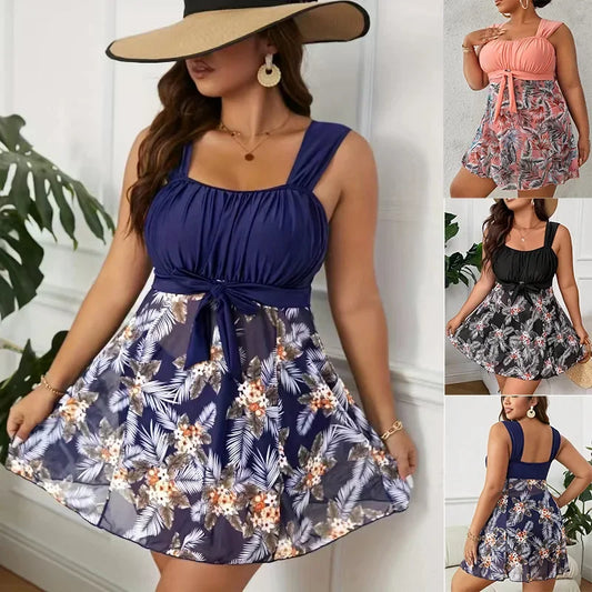 5XL Plus Size Swimdress High Waist Women Swimwear Push Up Bikini Flower Printed Beach Swimsuit Bathing Suit Women Chubby Tankini