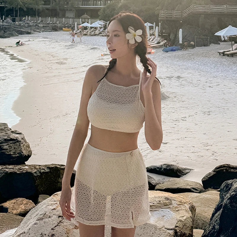 2025 Korean Cut Out Bikini Women Biquini High Neck Swimwear High Waist Swimsuit with Skirt White Two-Piece Beach Bathing Suits
