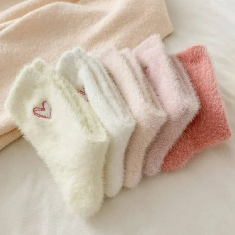Thickened Middle Tube Socks Mink Fur Pink Embroidered Heart-shaped Women Autumn Winter Warm Sleep Home Solid Color Plush Sock
