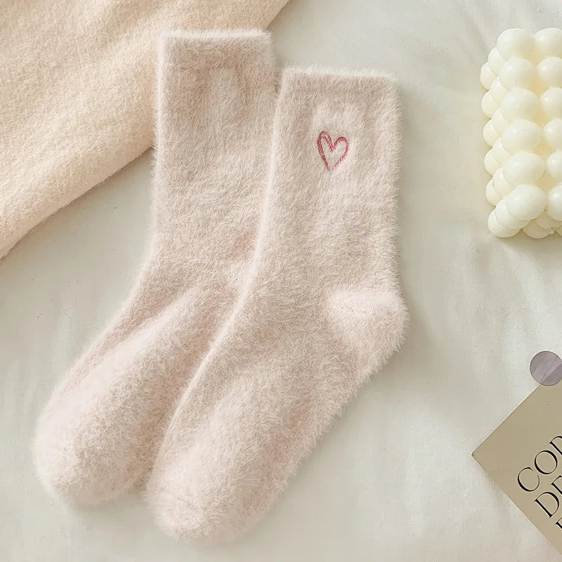 Thickened Middle Tube Socks Mink Fur Pink Embroidered Heart-shaped Women Autumn Winter Warm Sleep Home Solid Color Plush Sock