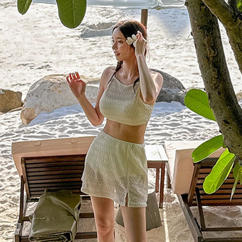 2025 Korean Cut Out Bikini Women Biquini High Neck Swimwear High Waist Swimsuit with Skirt White Two-Piece Beach Bathing Suits