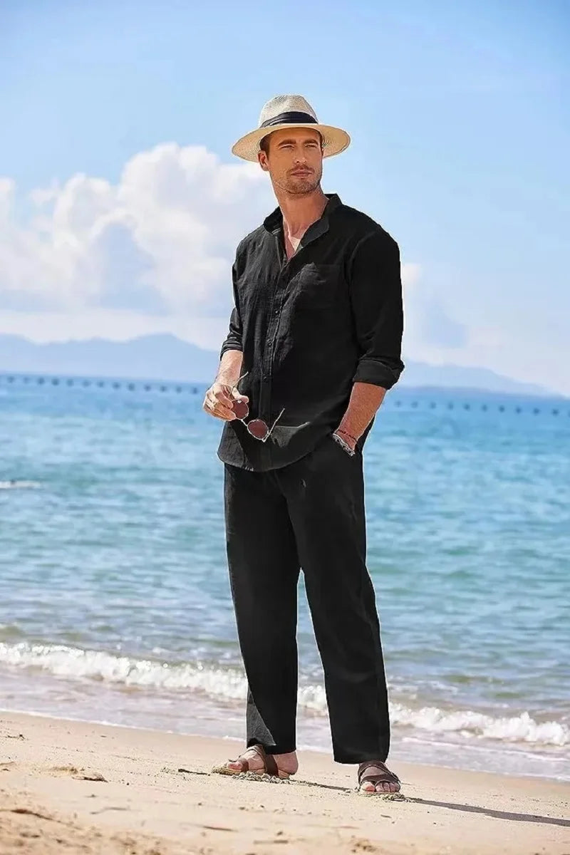Sky Blue White Black Sports Suit Men's Beach Casual Linen Loose Long-sleeved Shirt Trousers Workwear Two-piece Male Set