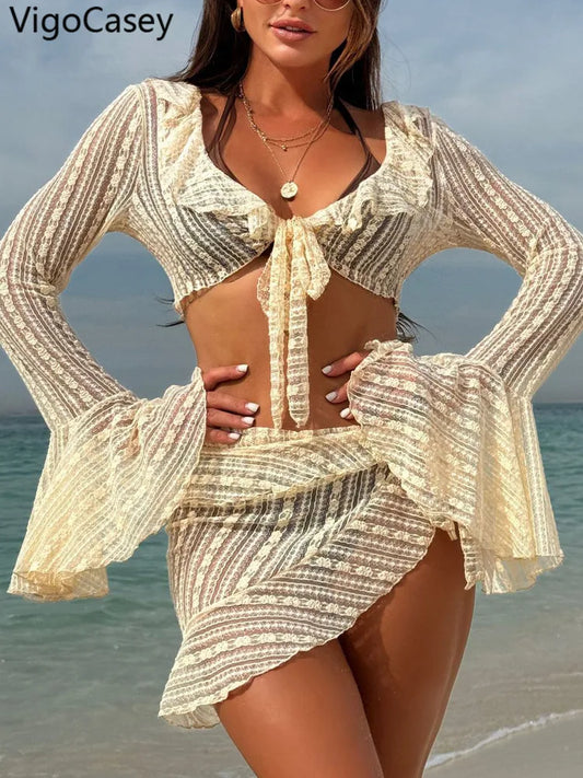 VigoCasey Sexy Solid 4 Piece Mesh Cove Up Bikini Set Swimwear Women 2025 Tied Halter Push Up Swimsuit Lady Beach Bathing Suit