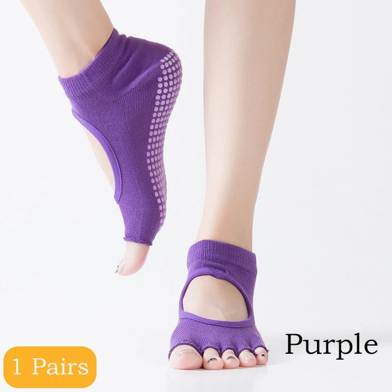 2 Pairs Yoga Socks Comfort Dot Glue Five-finger Socks Women's Professional Non-slip Pilates Sports Cotton Yoga Split Toe Socks