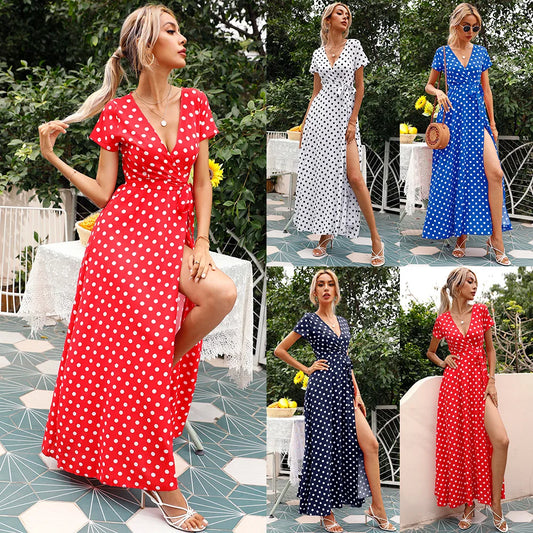 2025 Women's Summer Long Dress Dot Slip V Neck Printed Holiday Beach Dress For Women Fashion V Neck Boho Female A-line Dresses