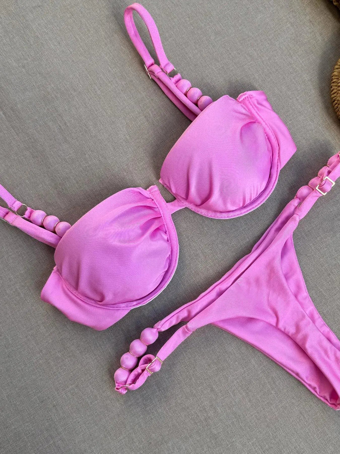 2025 Sexy Pink Bikini Set with Beaded Straps Perfect for Summer Beachwear Pool Parties Special Occasions Stand Out This Summer