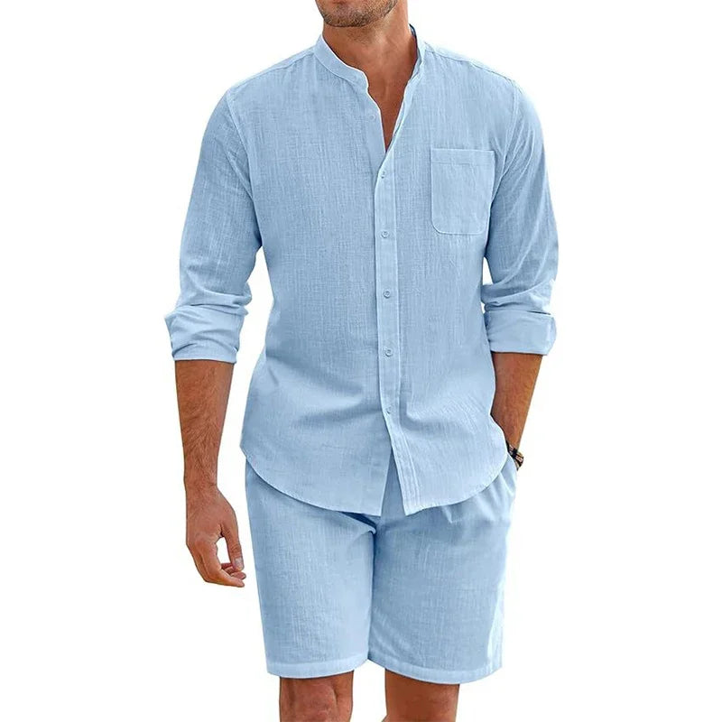 Summer Men's Casual Sets Breathable Cotton Linen Vintage Stand Collar Shirts+Shorts Sets Men Comfortable Breathable Beach Suits
