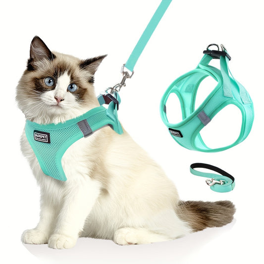 Adjustable Cat Harness with Reflective Strap, Soft Breathable Vest for Walking, Escape-Proof, Polyester, Machine Washable, Comfortable Outdoor Cat Gear